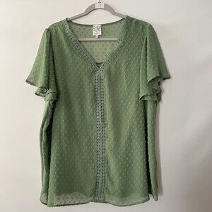 Naif Womens Green Short Sleeve Swiss Dotted Lace Detail Blouse Top Plus Size 1X